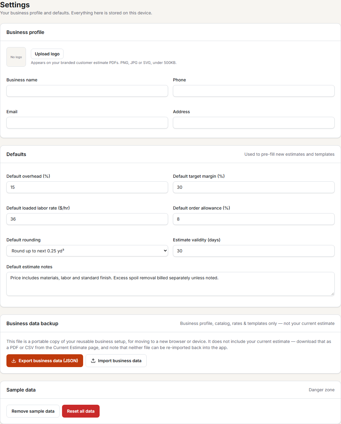 Settings tab showing business profile fields and saved default overhead, margin, labor rate and rounding values