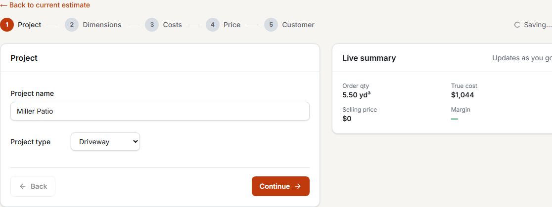 Wizard step 1: Project name and project type fields