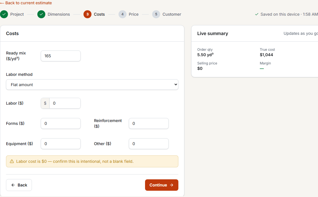 Wizard step 3: cost fields for ready mix, labor, forms, reinforcement and equipment