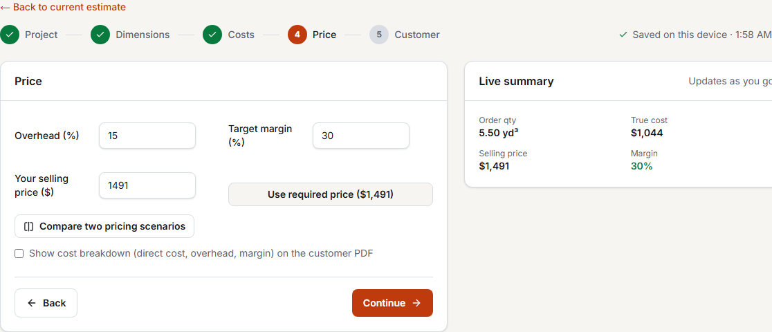 Wizard Price step showing overhead, target margin, and a live true cost and required selling price