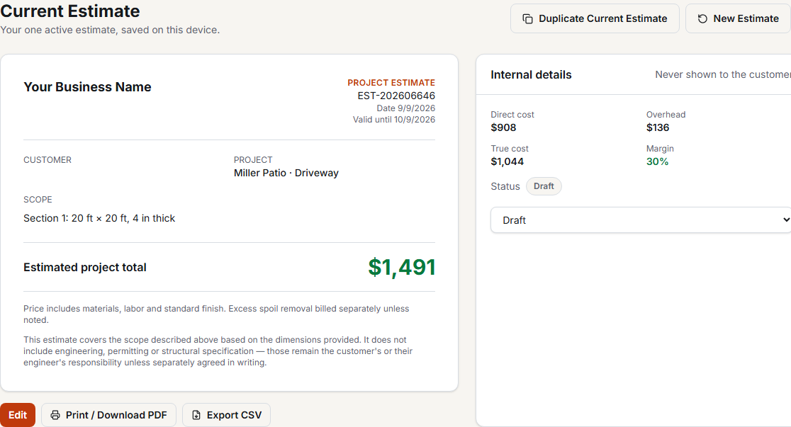Branded customer-facing estimate document with internal cost and margin kept in a separate panel